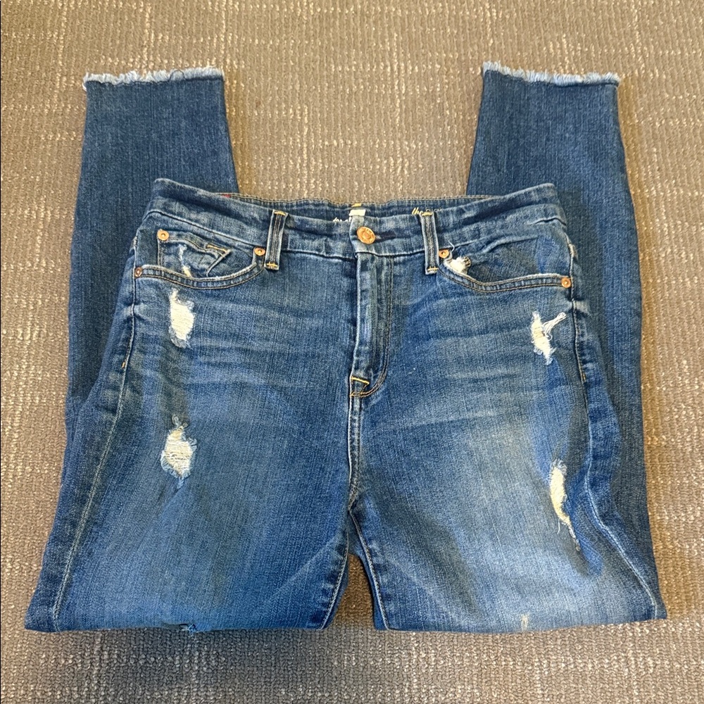 7 For All Mankind high waist ankle skinny Distressed Blue Skinny Jeans